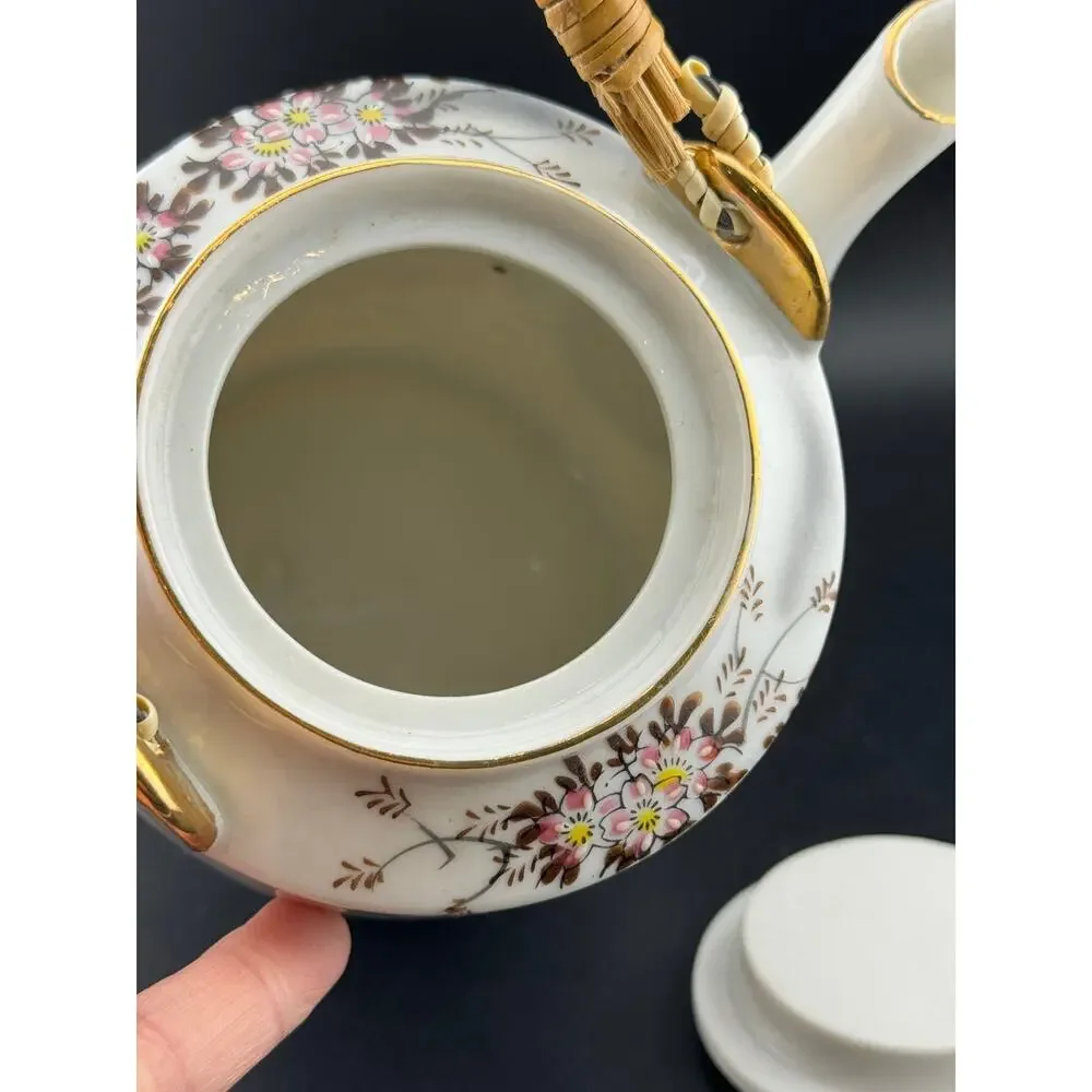 Japanese Cherry Blossom Teapot with Rattan Handle